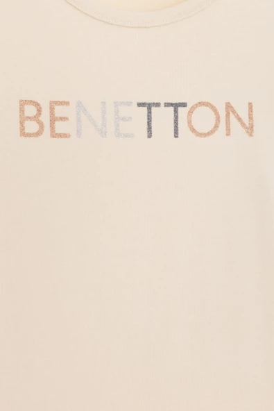 United Colors of Benetton Kız Çocuk  BNT-G23332 Uzun Kollu Tshirt Bej - Resim 3