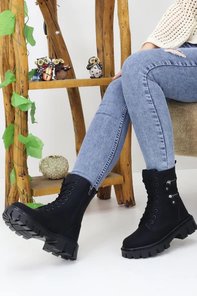 Emax Kadın Bağcıklı Fermuarlı Çift Fermuar Detaylı Kalın Taban Postal Bot Kışlık Su Geçirmez - Resim 3