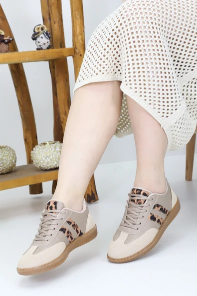 Emax Bej Leopar Detaylı Kadın Spor Ayakkabı – Günlük ve Rahat Taban - Resim 3