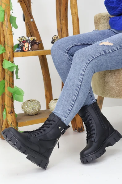 Emax Kadın Bağcıklı Fermuarlı Tokalı Kalın Taban Postal Bot Kışlık Su Geçirmez - Resim 2