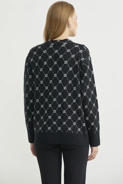 Logolu Cep Detaylı Oversize Triko Hırka - Siyah - Resim 6