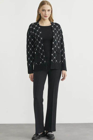 Logolu Cep Detaylı Oversize Triko Hırka - Siyah ürün görseli