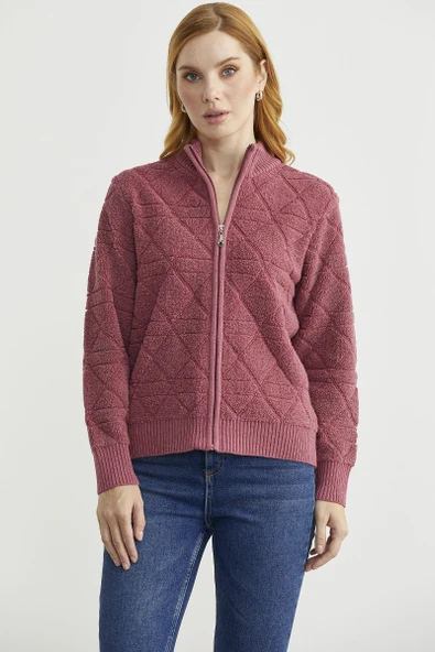 Geometrik Motifli Fermuarlı Yünlü Triko Hırka - Gül - 2