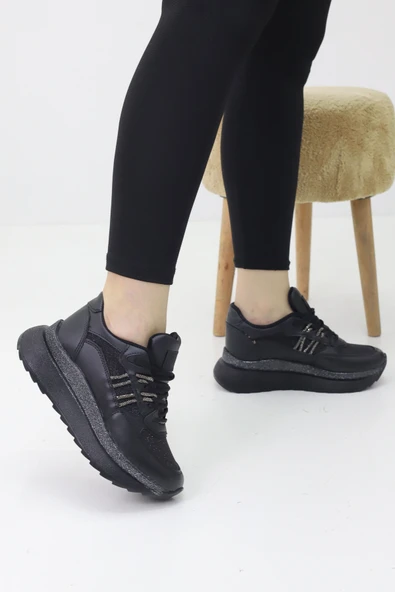 Emax Fiore Siyah Simli Taşlı Kadın Spor Yürüyüş Ayakkabısı - Resim 4