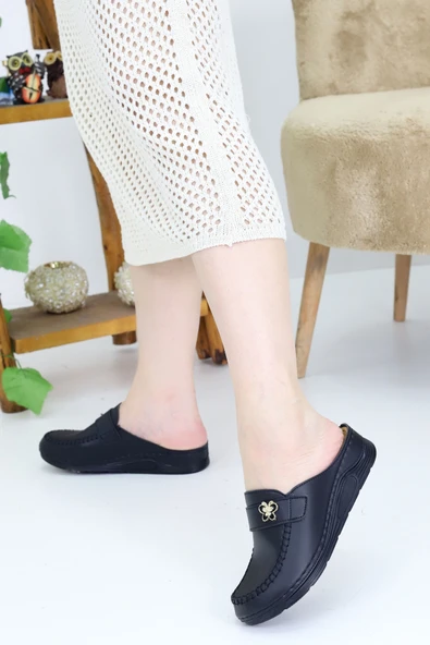 Emax Kadın Siyah Ortopedik Deri Terlik - Rahat Tabanlı Günlük Loafer Model - Resim 2