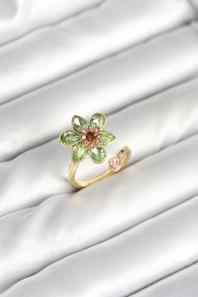 Çiçek Model Yeşil Pirinç Gold Renk Yüzük - TJ-BYK3901