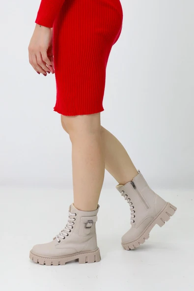 Emax Kadın Bej Kalın Taban Postal Bot – Fermuarlı Bağcıklı Cepli Tokalı Rahat Günlük Bot - Resim 2