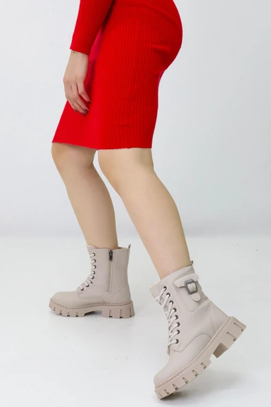 Emax Kadın Bej Kalın Taban Postal Bot – Fermuarlı Bağcıklı Cepli Tokalı Rahat Günlük Bot - Resim 4