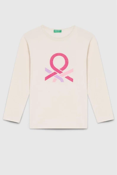 United Colors of Benetton Kız Çocuk BNT-G23331 Uzun Kollu Tshirt Ekru