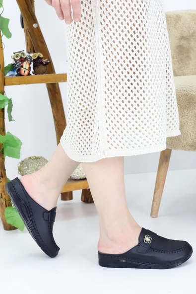 Emax Kadın Siyah Ortopedik Deri Terlik - Rahat Tabanlı Günlük Loafer Model - Resim 3