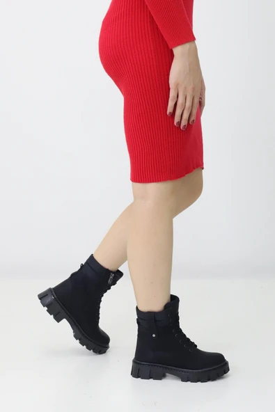 Emax Kadın Mat Siyah Kalın Taban Fermuarlı Bağcıklı Rahat Günlük Ortopedik Kısa Bot - Resim 4