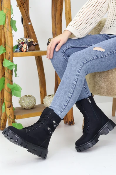 Emax Kadın Bağcıklı Fermuarlı Çift Fermuar Detaylı Kalın Taban Postal Bot Kışlık Su Geçirmez - Resim 2