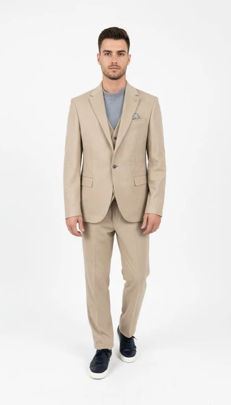 Plus Scorpion Ekru Fitilli Kadife Erkek Takım Elbise – 3 Parça Yelekli, Şık ve Modern Slim Fit Kesim ürün görseli
