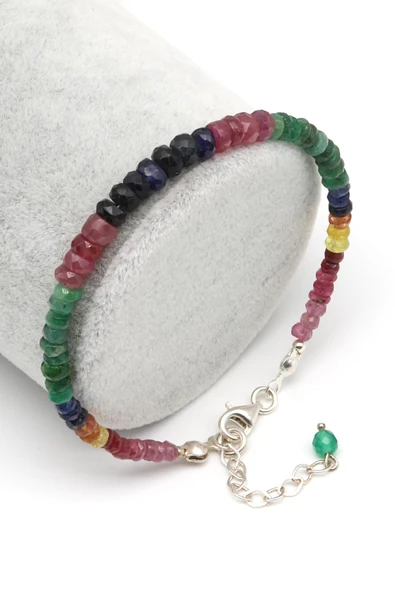 Yakut - Safir - Zümrüt Doğal Taş 925 Ayar Gümüş Bileklik Rondel Kesim - BLK-2025