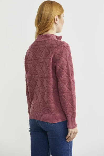 Geometrik Motifli Fermuarlı Yünlü Triko Hırka - Gül - 5