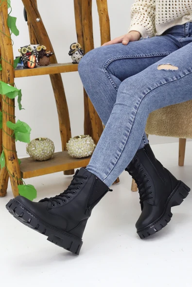 Emax Kadın Bağcıklı Fermuarlı Sim Detaylı Kalın Taban Postal Bot Kışlık Su Geçirmez - Resim 4