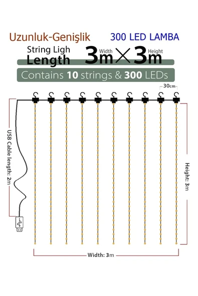 8 Fonksiyonlu Peri Perde Led Uzaktan Kumandalı Günışığı Perde Peri Led (3 mt x 3 mt) - Resim 2