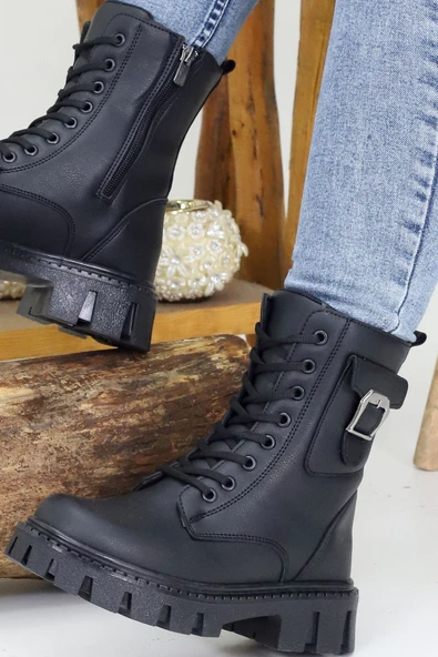 Emax Kadın Bağcıklı Fermuarlı Cepli Tokalı Kalın Taban Postal Bot Kışlık Su Geçirmez - Resim 4