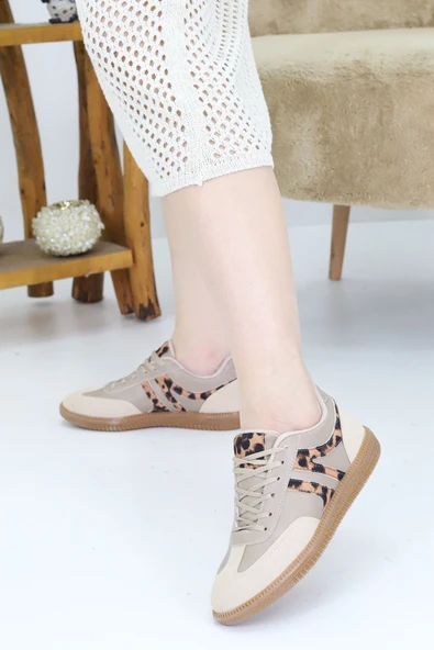 Emax Leopar Detaylı Bej Kadın Spor Ayakkabı – Günlük Rahat Kalıp Sneaker - Resim 3