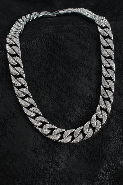 Pirinç Zirkon Taşlı Cuba Gurmet Model Gümüş Renk Erkek Kolye - TJ-ERK1404