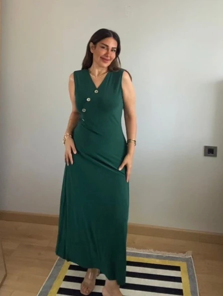 Kadın Kruvaze Yaka Düğme Detay Maxi Boy Elbise - Resim 2