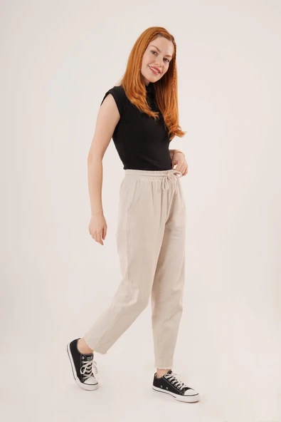 Cepli Belden Bağlamalı Paça Detaylı Krem Pantolon - Resim 2