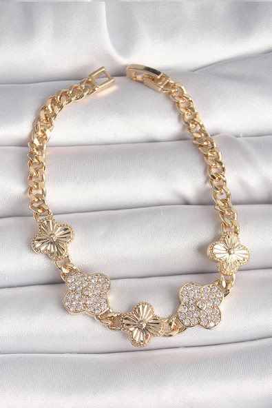 Pirinç Gold Renk Zirkon Taşlı Yonca Model Kadın Bileklik - TJ-BB6836
