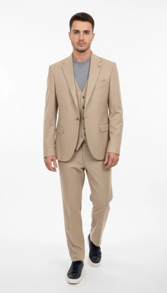 Plus Scorpion Ekru Fitilli Kadife Erkek Takım Elbise – 3 Parça Yelekli, Şık ve Modern Slim Fit Kesim - Resim 3