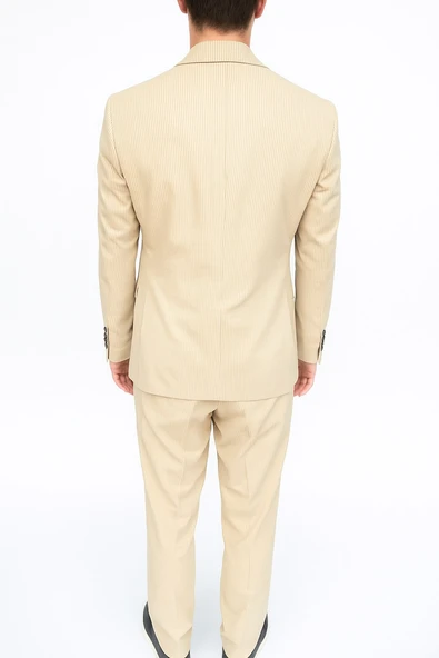 Plus Scorpion Ekru Fitilli Kadife Erkek Takım Elbise – 3 Parça Yelekli, Şık ve Modern Slim Fit Kesim - Resim 5