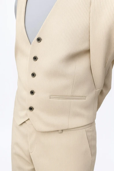 Plus Scorpion Ekru Fitilli Kadife Erkek Takım Elbise – 3 Parça Yelekli, Şık ve Modern Slim Fit Kesim - Resim 4