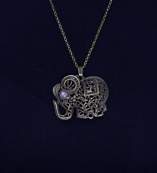 Doğal Taş Pembe Kuvars Doğal Taşlı Fil Modelli Antik Kadın Kolye euk43pk - Resim 2