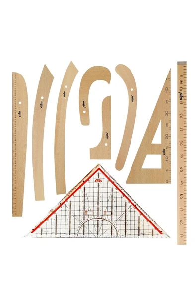 ofisturka Fdm 9 Parça Set - 7 Parça Ahşap Riga Seti, 1 Metre Tahta Cetvel Ve Modelist Gönyesi ürün görseli