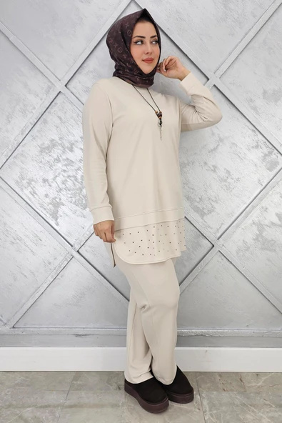 KADIN KOLYE VE TAŞ DETAYLI TESETTÜR TAKIM - Resim 5