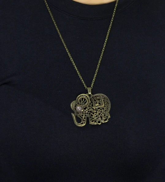 Doğal Taş Pembe Kuvars Doğal Taşlı Fil Modelli Antik Kadın Kolye euk43pk - Resim 3