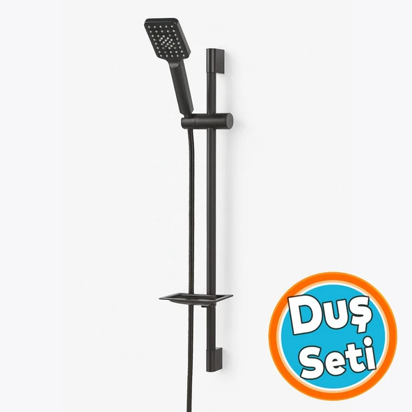 Siyah Sürgülü Duş Seti Kare Başlıklı Düğmeli El Duşu Hortumu Tutacağıyla Modern Lüks Banyo Takımı ürün görseli