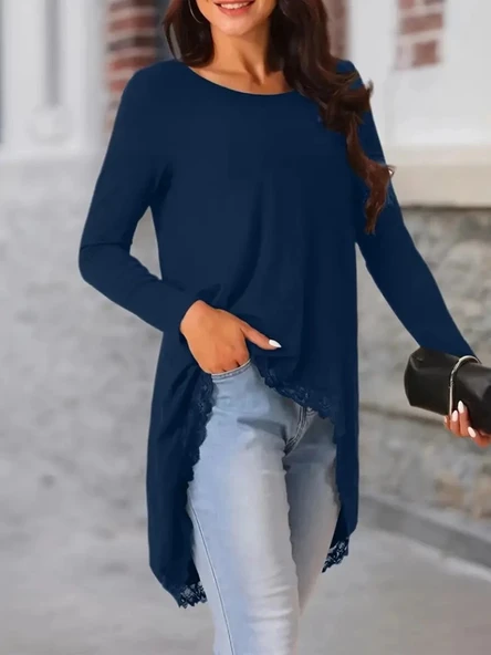 MDB Kadın Uzun Kollu Bisiklet Yaka Asimetrik Kesim Detaylı Dantelli Viskon Bluz ürün görseli 1
