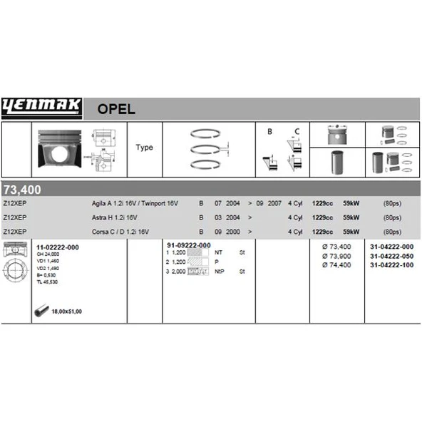 Opel Motor Piston+segman Komple 100 (74,40mm) Corsa C – Corsa D – Astra H – Agıla A – Z12xep - Yenmak 31-04222-100 ürün görseli 1