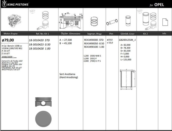 Opel Motor Piston+segmanı ( Riken )  79,00+1,00mm Cap Corsa D 1.6i Turbo 16v Astra H-J 1.6i 16v İnsigna 1 - Kingpiston 18-3010428 ürün görseli