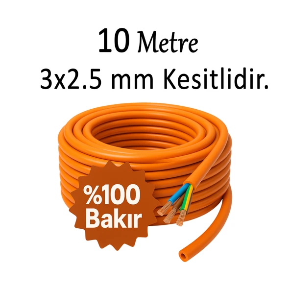 %100 Bakır 3x2.5 mm Seyyar 10 Metre Uzatma Kablosu Çok Telli Elektrik Kontrol Kalem Dişi Erkek Fiş - Resim 3