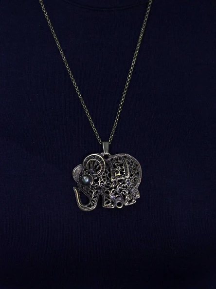 Doğal Taş Labradorit Doğal Taşlı Fil Modelli Antik Kadın Kolye euk43lbt - Resim 3