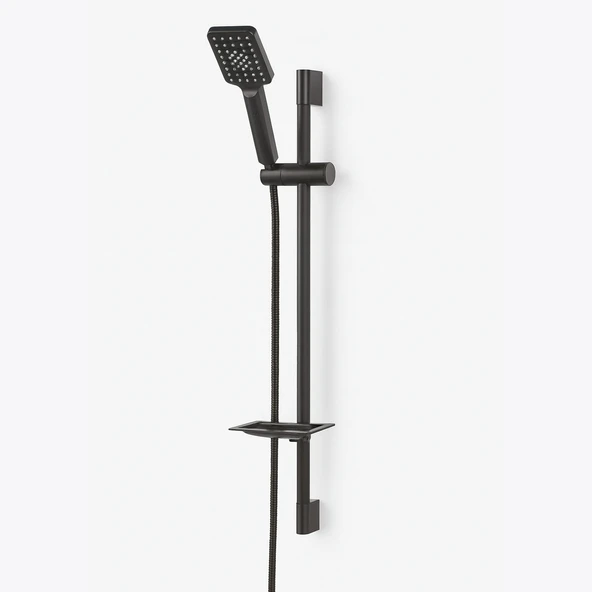 Siyah Sürgülü Duş Seti Kare Başlıklı Düğmeli El Duşu Hortumu Tutacağıyla Modern Lüks Banyo Takımı - Resim 6