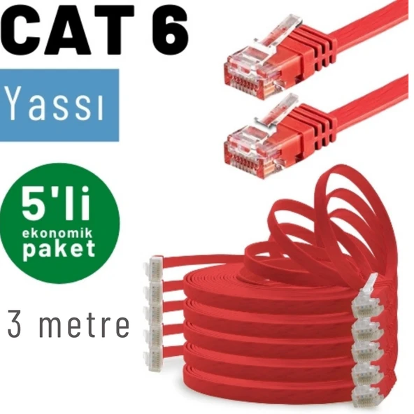 5 adet 3 Metre IRENIS CAT6 Kablo Yassı Ethernet Network Lan Ağ Kablosu - Resim 4
