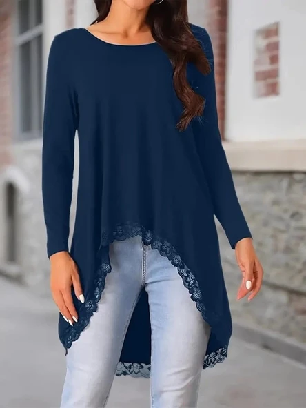 MDB Kadın Uzun Kollu Bisiklet Yaka Asimetrik Kesim Detaylı Dantelli Viskon Bluz - Resim 2