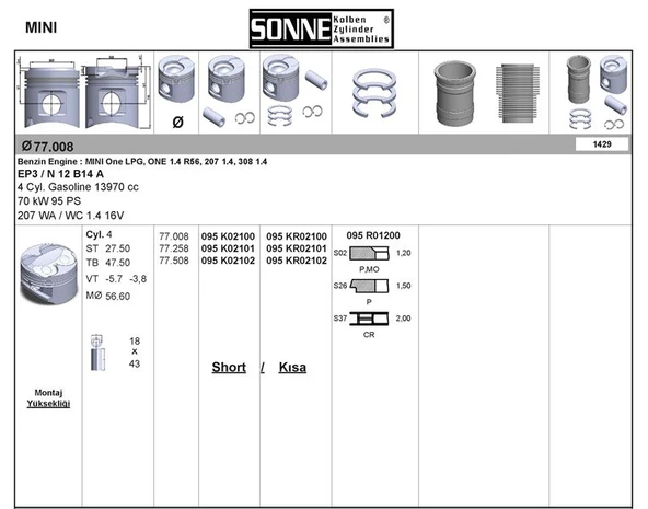 Bmw Piston + Segman 77mm Std Mini N12 B14 A R56 Peugeot Ep3 207 308 - Sonne 095kr02100 ürün görseli 1