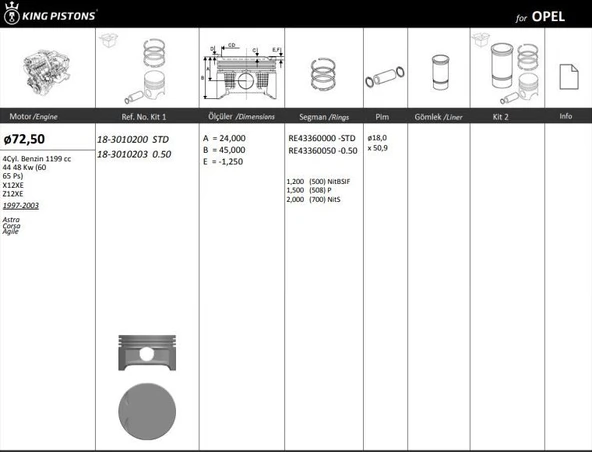 Opel Motor Piston+segmanı ( Riken )  72,50+0,50mm Cap Astra Corsa Agıle X12xe-Z12xe 4sil. Benzinli 1199 C - Kingpiston 18-3010203 ürün görseli