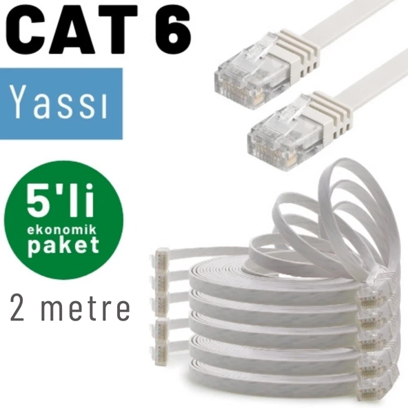 5 adet 2 Metre IRENIS CAT6 Kablo Yassı Ethernet Network Lan Ağ Kablosu - Resim 6