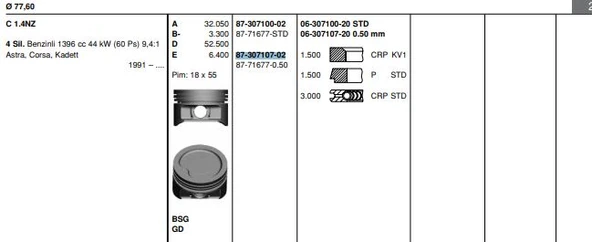 Opel Motor Piston+segman Komple (78,10mm) 0,50 Corsa B Astra F X14xe Astra G X14xe Z14xe - Goetze 8771677050000g ürün görseli