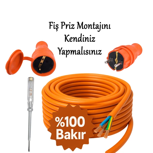 %100 Bakır 3x2.5 mm Seyyar 10 Metre Uzatma Kablosu Çok Telli Elektrik Kontrol Kalem Dişi Erkek Fiş - Resim 4