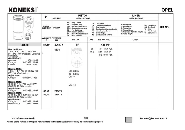 Opel Piston+segman 84,8mm 0,5(mm Farklı) Vectra-Omega 1,8 86--> 4 Cyl 21pim - Koneks 226471 ürün görseli