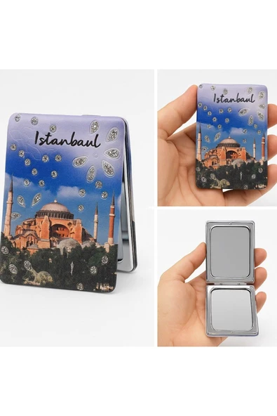 Anılarla Dolu İstanbul Hatırası Işıltılı Taşlı Cami Temalı Katlanabilir Mini Makyaj Cep Aynası ürün görseli